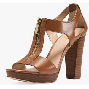FSJ Brown Peep Open Toe T-Strap Front Zipper Chunky Stacked High Heel Sandal
